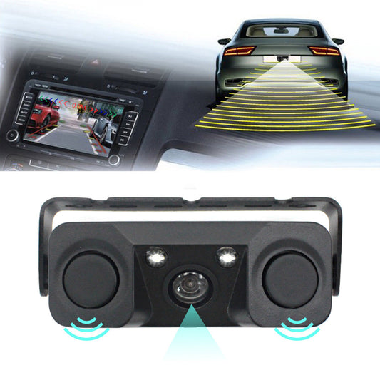 3 In 1 Car Reversing Camera & Parking Sensor System With Monitor License Plate Frame Mount Waterproof Night Vision(Black