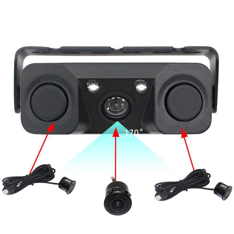 3 In 1 Car Reversing Camera & Parking Sensor System With Monitor License Plate Frame Mount Waterproof Night Vision(Black