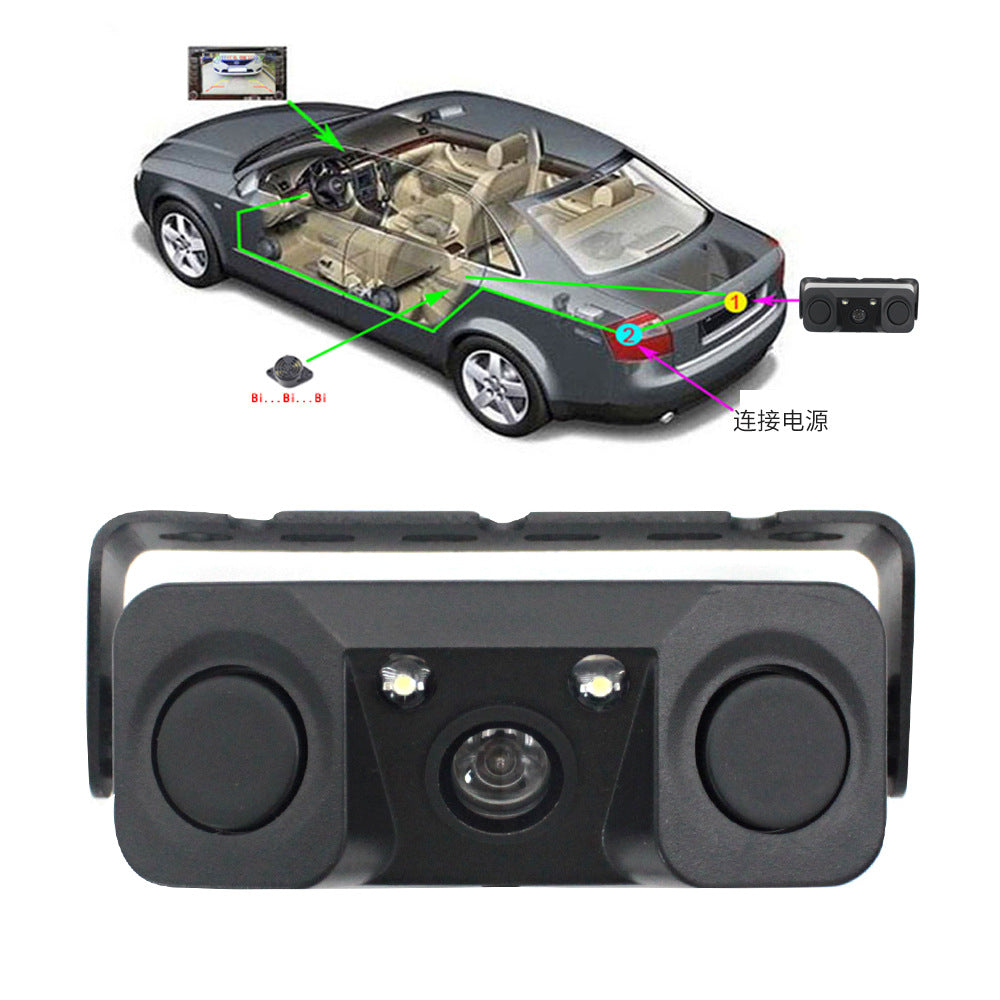 3 In 1 Car Reversing Camera & Parking Sensor System With Monitor License Plate Frame Mount Waterproof Night Vision(Black
