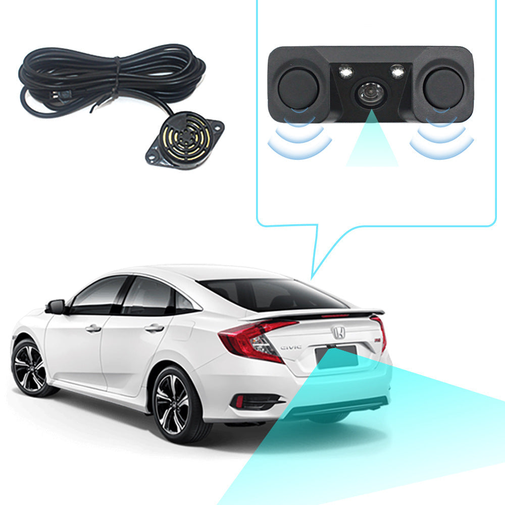 3 In 1 Car Reversing Camera & Parking Sensor System With Monitor License Plate Frame Mount Waterproof Night Vision(Black
