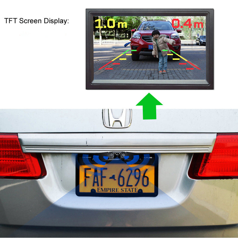 3 In 1 Car Reversing Camera & Parking Sensor System With Monitor License Plate Frame Mount Waterproof Night Vision(Black