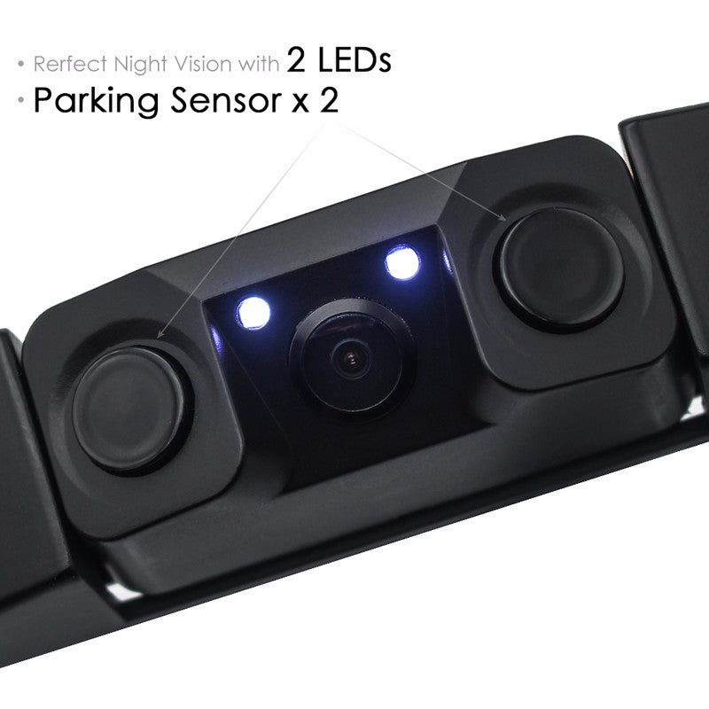 3 In 1 Car Reversing Camera & Parking Sensor System With Monitor License Plate Frame Mount Waterproof Night Vision(Black