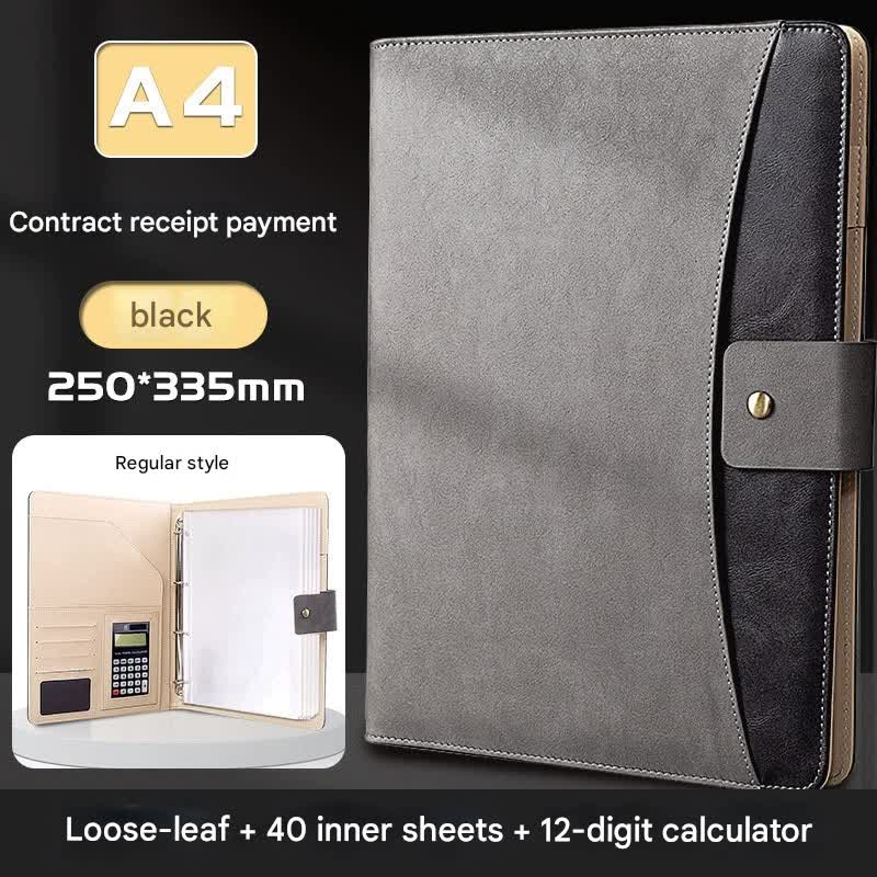 A4 Pu Leather Business Portfolio With Ring Binder Calculator & 40 Sleeves(Grey And Black)