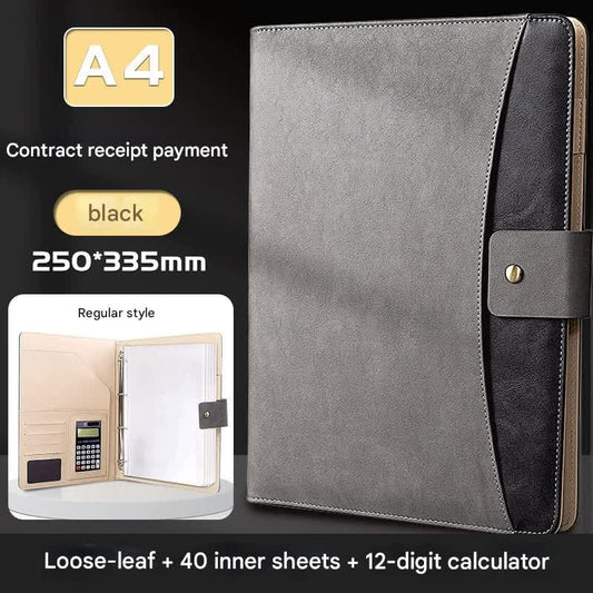 A4 Pu Leather Business Portfolio With Ring Binder Calculator & 40 Sleeves(Grey And Black)