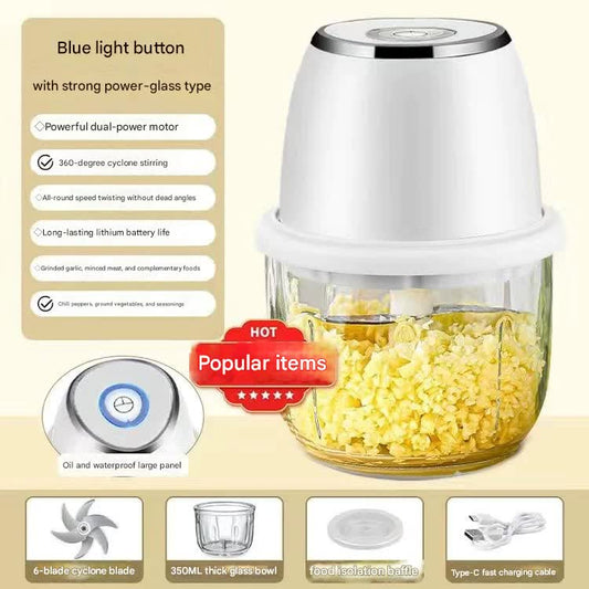 Electric Mini Garlic Chopper With Glass Bowl - Usb Rechargeable 6 Blades Large Capacity(White)