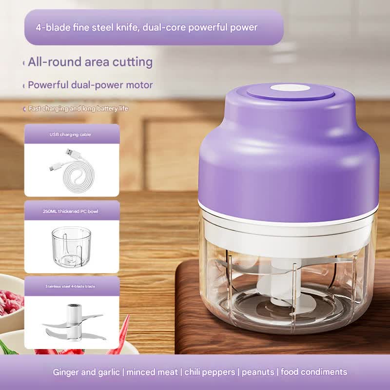 Powerful Mini Electric Food Chopper Usb Rechargeable Cordless Garlic & Meat Mincer(Purple 250Ml + 4 Blade Knife)