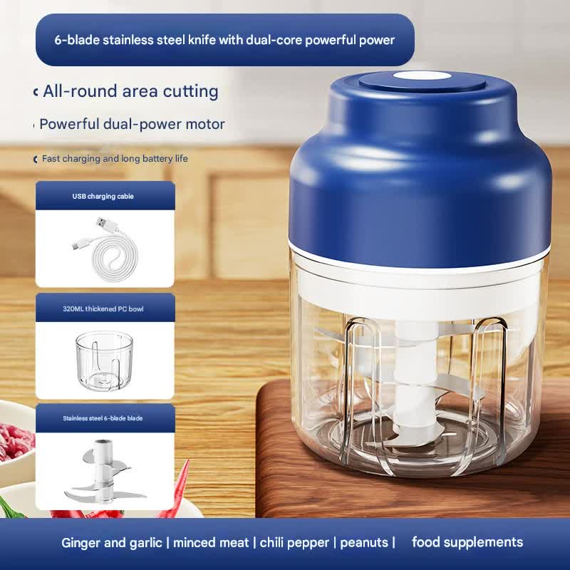 Powerful Mini Electric Food Chopper Usb Rechargeable Cordless Garlic & Meat Mincer(Blue 320Ml + 6 Blade Knife)