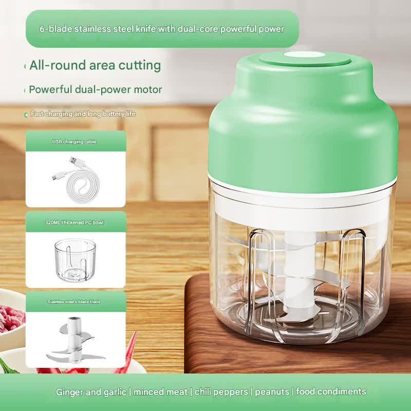 Powerful Mini Electric Food Chopper Usb Rechargeable Cordless Garlic & Meat Mincer(Green 320Ml + 6 Blade Knife)