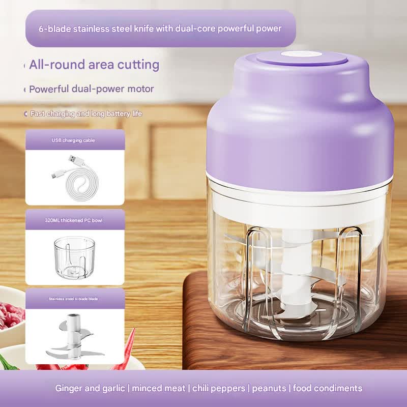 Powerful Mini Electric Food Chopper Usb Rechargeable Cordless Garlic & Meat Mincer(Purple 320Ml + 6 Blade Knife)