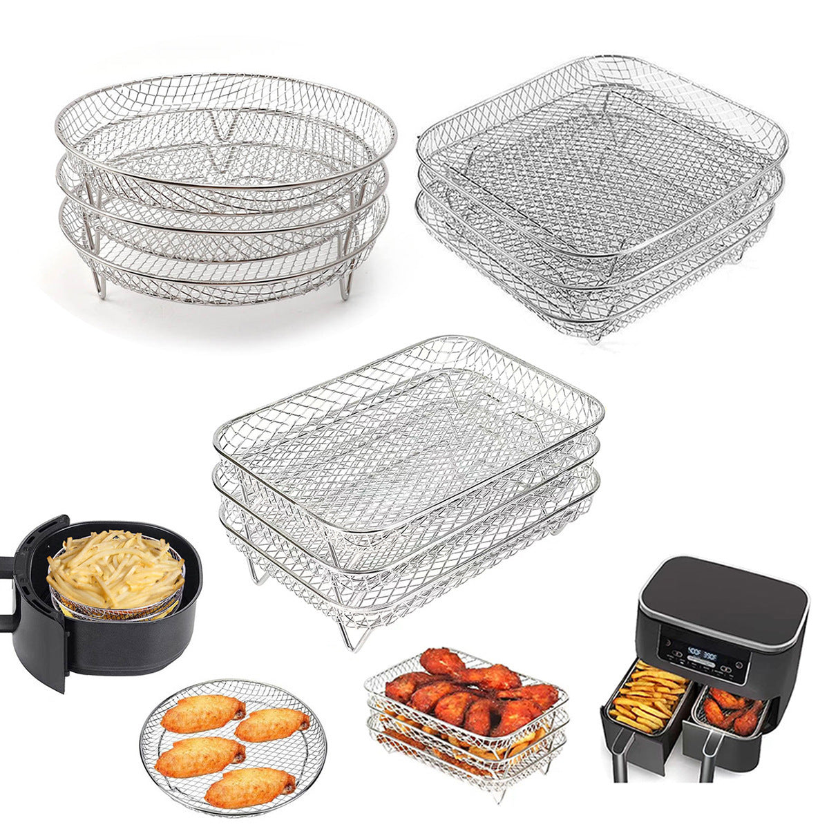 Silver 3-Pack Stackable Air Fryer Racks Food Grade Stainless Steel Multi-Layer Dehydrator & Crisper Tray Accessory