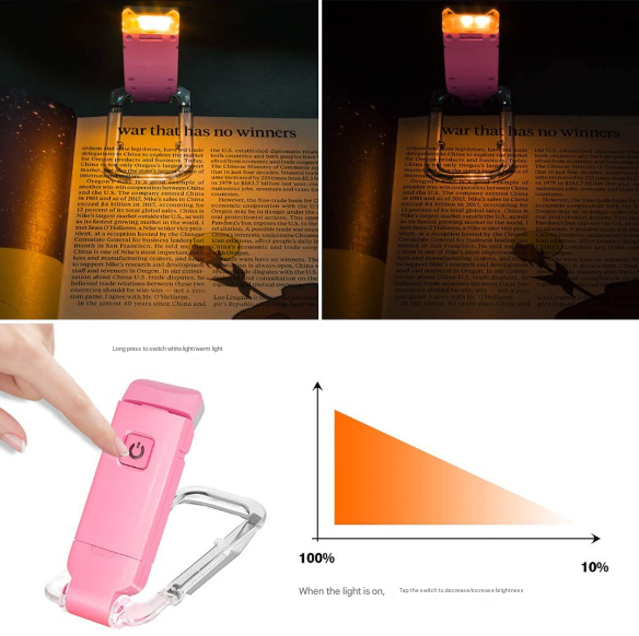 2 Pcs Blue Usb Rechargeable Clip On Led Book Light 3 Color Modes & Dimmable Brightness For Eye Caring Reading