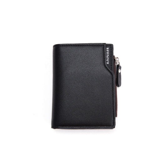 Black Men's Slim Vertical Bifold Wallet - Pu Leather Card Holder With Zipper Coin Pocket And Id Window