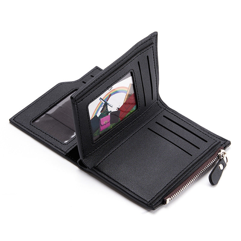 Black Men's Slim Vertical Bifold Wallet - Pu Leather Card Holder With Zipper Coin Pocket And Id Window