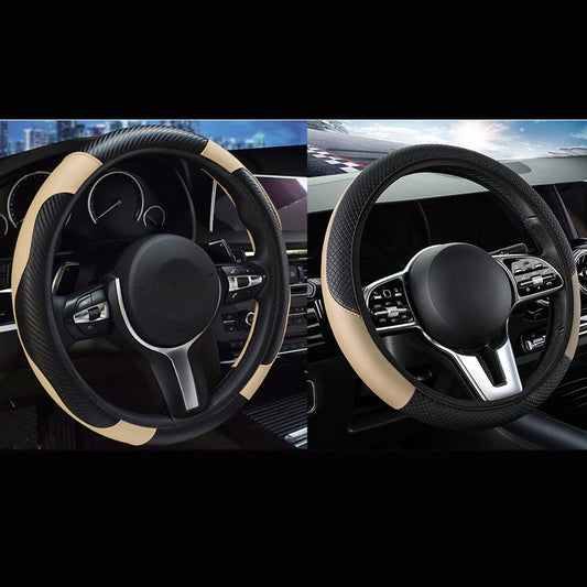 2 Pack (Type A + B) Beige And Black Sporty Carbon Fiber Leather Steering Wheel Cover Universal 38Cm Easy Fit Elastic Gri