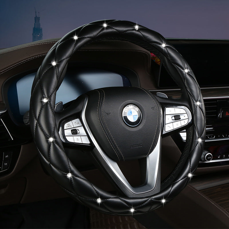 Black Luxury Bling Steering Wheel Cover - Quilted Leather With Crystal Rhinestones Universal 38Cm Fit