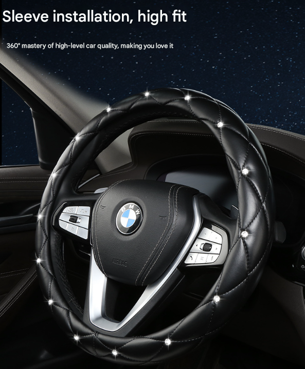 Black Luxury Bling Steering Wheel Cover - Quilted Leather With Crystal Rhinestones Universal 38Cm Fit