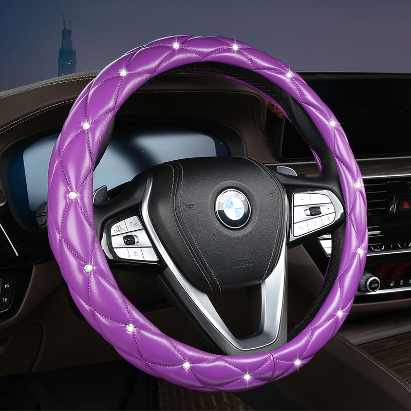 Purple Luxury Bling Steering Wheel Cover - Black Quilted Leather With Crystal Rhinestones Universal 38Cm Fit