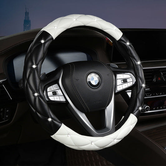 Black And White Luxury Bling Steering Wheel Cover Quilted Leather With Crystal Rhinestones Universal 38Cm Fit