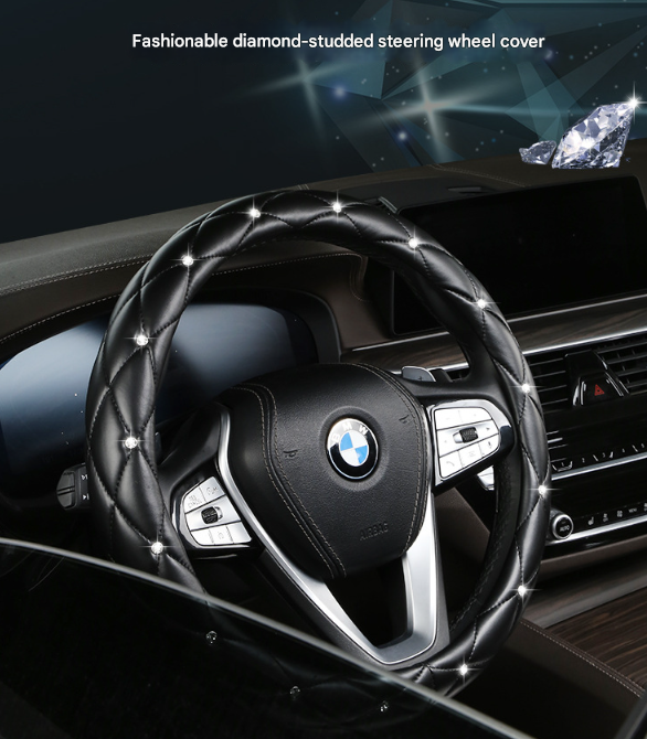 Black And White Luxury Bling Steering Wheel Cover Quilted Leather With Crystal Rhinestones Universal 38Cm Fit