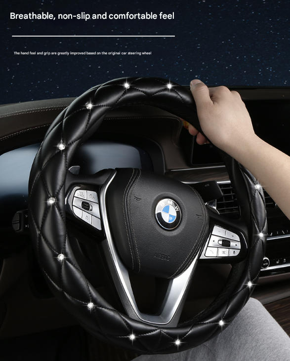 Black And White Luxury Bling Steering Wheel Cover Quilted Leather With Crystal Rhinestones Universal 38Cm Fit