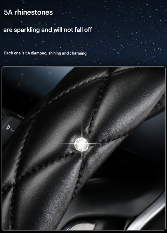 Black And White Luxury Bling Steering Wheel Cover Quilted Leather With Crystal Rhinestones Universal 38Cm Fit