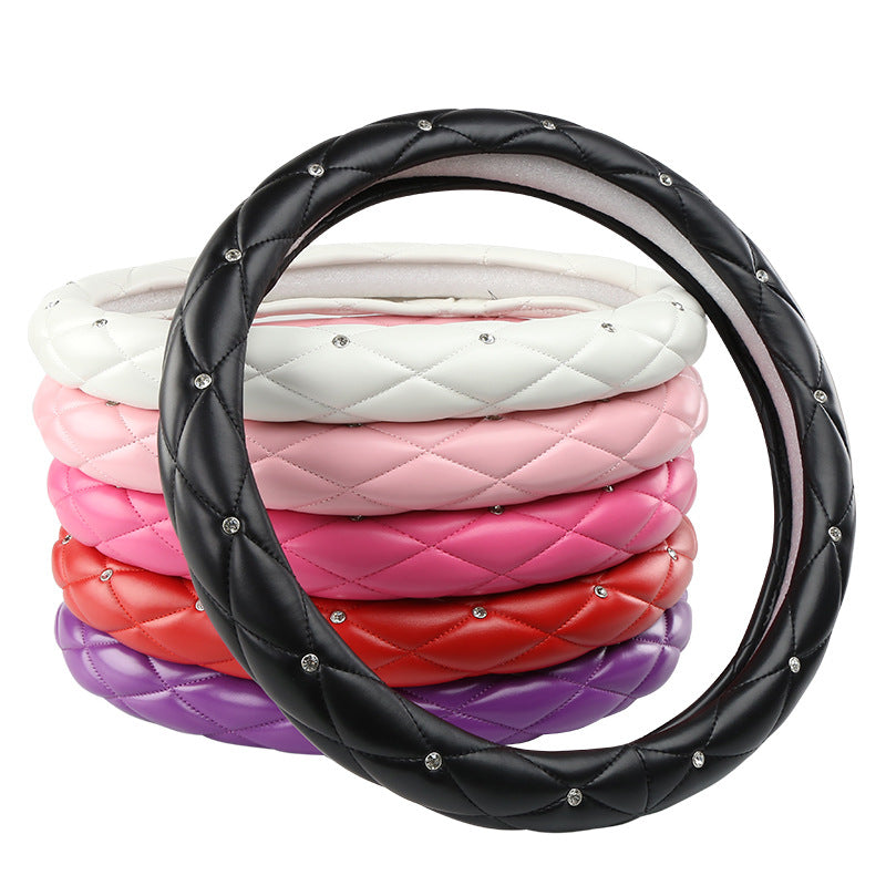 Black And White Luxury Bling Steering Wheel Cover Quilted Leather With Crystal Rhinestones Universal 38Cm Fit