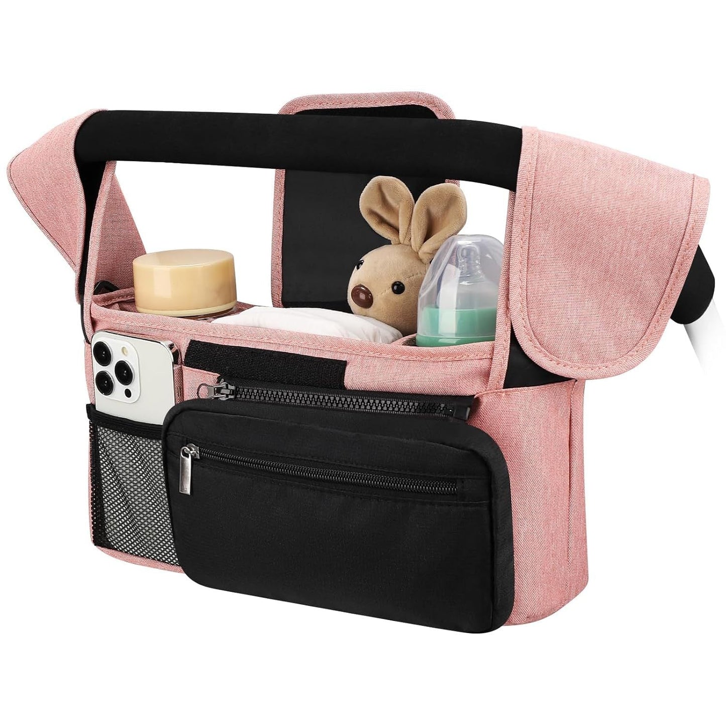 Elosung Pink And Black Stitching Universal Stroller Organiser Caddy With Insulated Cup Holders Detachable Wristlet