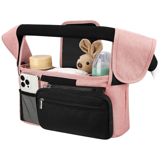 Pink And Black Stitching Universal Stroller Organiser Caddy With Insulated Cup Holders Detachable Wristlet