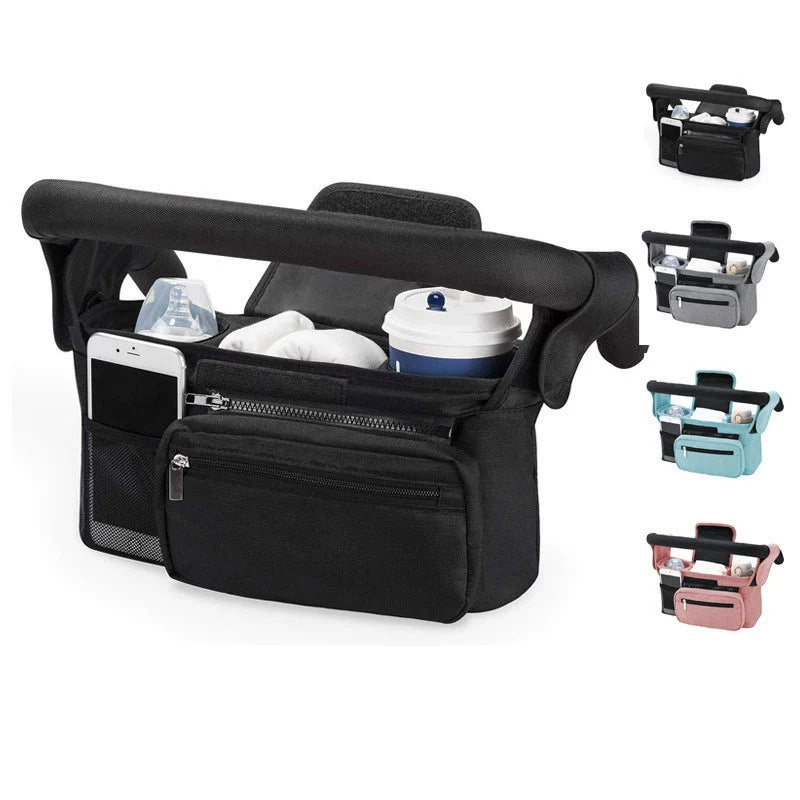 Elosung Pink And Black Stitching Universal Stroller Organiser Caddy With Insulated Cup Holders Detachable Wristlet
