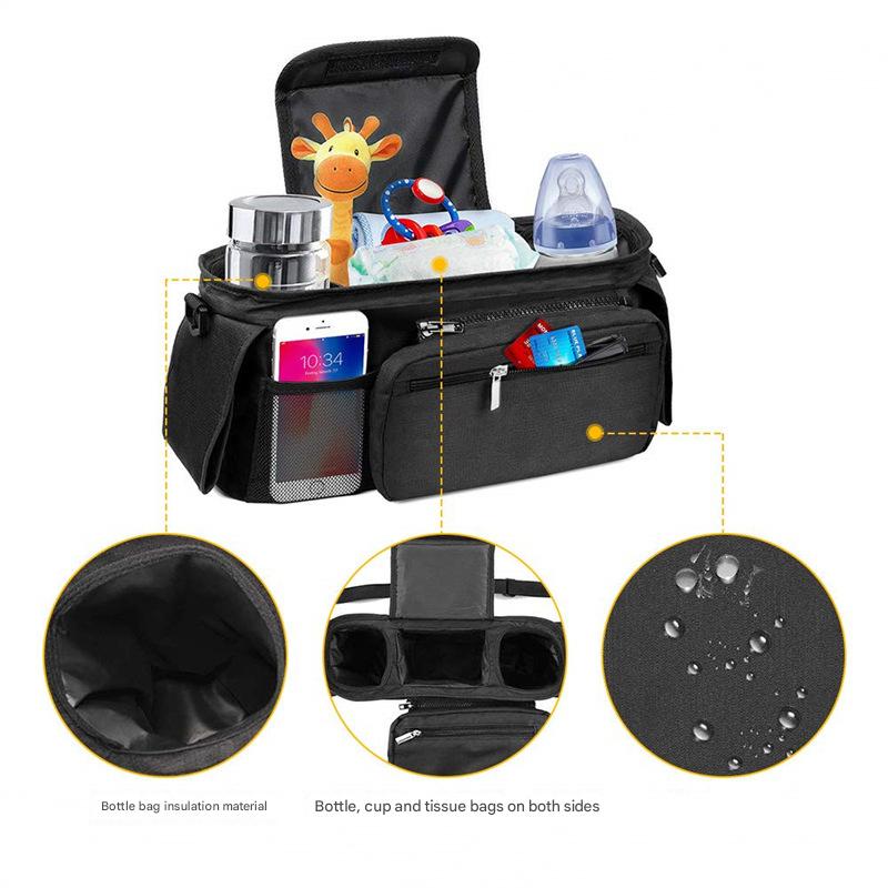 Elosung Pink And Black Stitching Universal Stroller Organiser Caddy With Insulated Cup Holders Detachable Wristlet