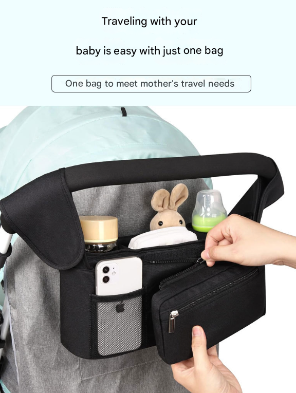 Elosung Pink And Black Stitching Universal Stroller Organiser Caddy With Insulated Cup Holders Detachable Wristlet