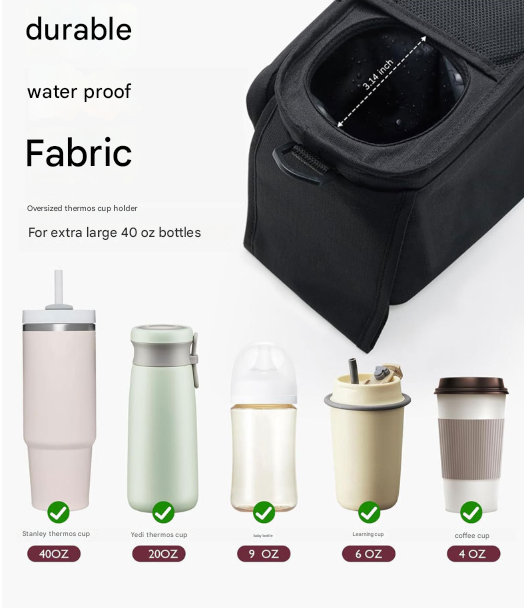 Elosung Pink And Black Stitching Universal Stroller Organiser Caddy With Insulated Cup Holders Detachable Wristlet
