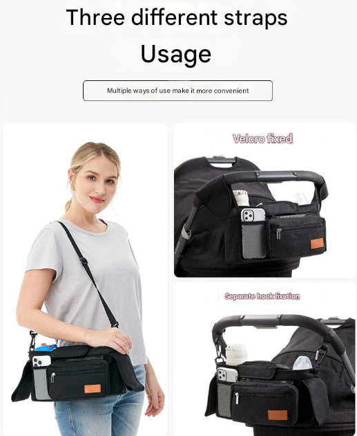 Elosung Pink And Black Stitching Universal Stroller Organiser Caddy With Insulated Cup Holders Detachable Wristlet