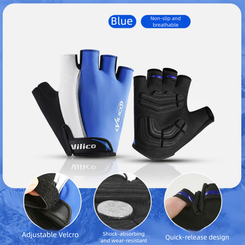 Size M Blue Padded Half-Finger Cycling Gloves Breathable Shock-Absorbing Workout For Gym & Fitness