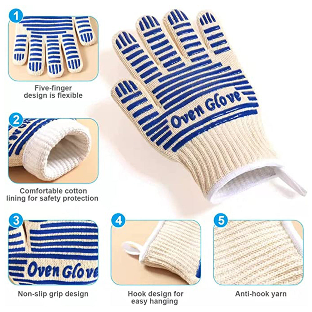 Blue And White Extreme Heat Resistant Bbq Gloves Cut Oven Mitts With Non Slip Silicone Grip