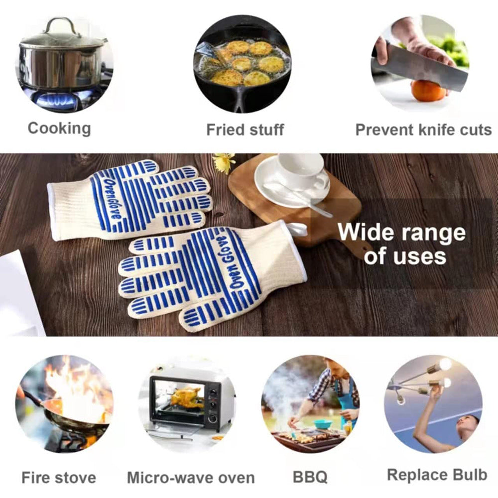Blue And White Extreme Heat Resistant Bbq Gloves Cut Oven Mitts With Non Slip Silicone Grip