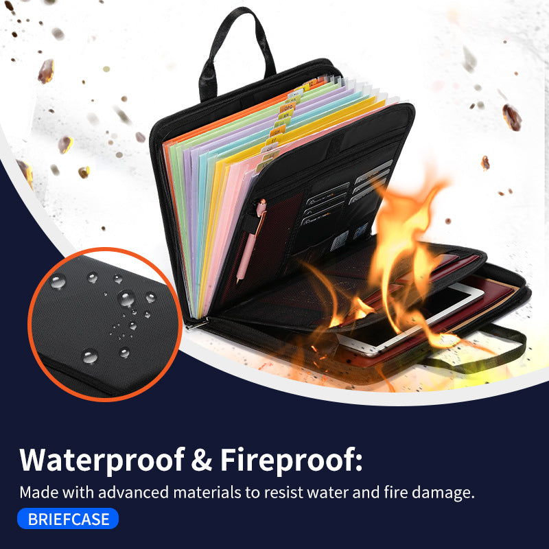Fireproof & Waterproof Expanding File Folder Organizer With Zipper Large Capacity Document Safe Bag(Black Handle Model)