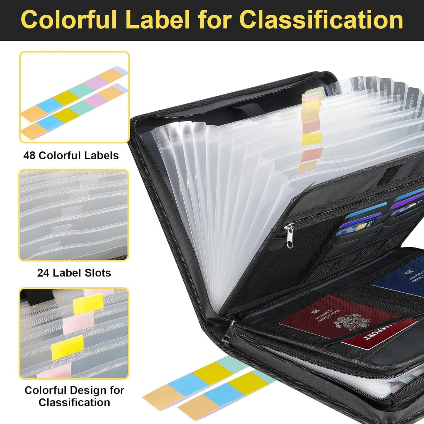 Fireproof & Waterproof Expanding File Folder Organizer With Zipper Large Capacity Document Safe Bag(Black Handle Model)
