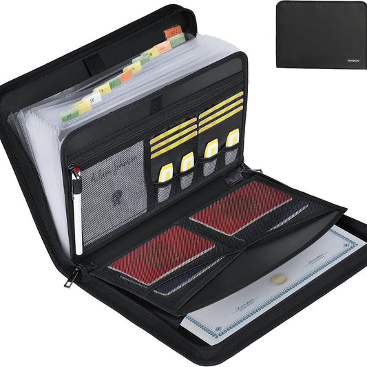 Fireproof & Waterproof Expanding File Folder Organizer With Zipper Large Capacity Document Safe Bag(Black Handle Model)