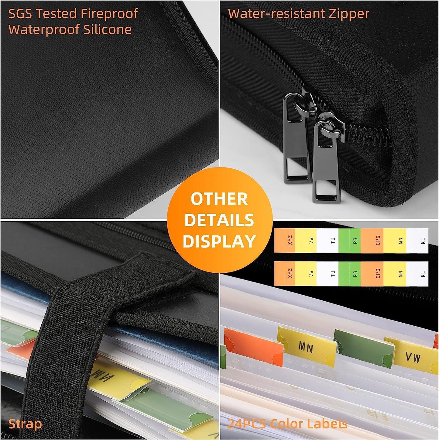 Fireproof & Waterproof Expanding File Folder Organizer With Zipper Large Capacity Document Safe Bag(Black Handle Model)