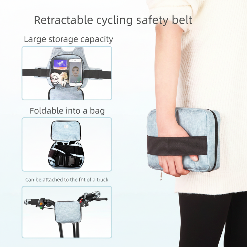 Child Motorcycle Safety Harness Strap Adjustable Passenger Belt With Handles & Storage Pocket Breathable Linen Grey For