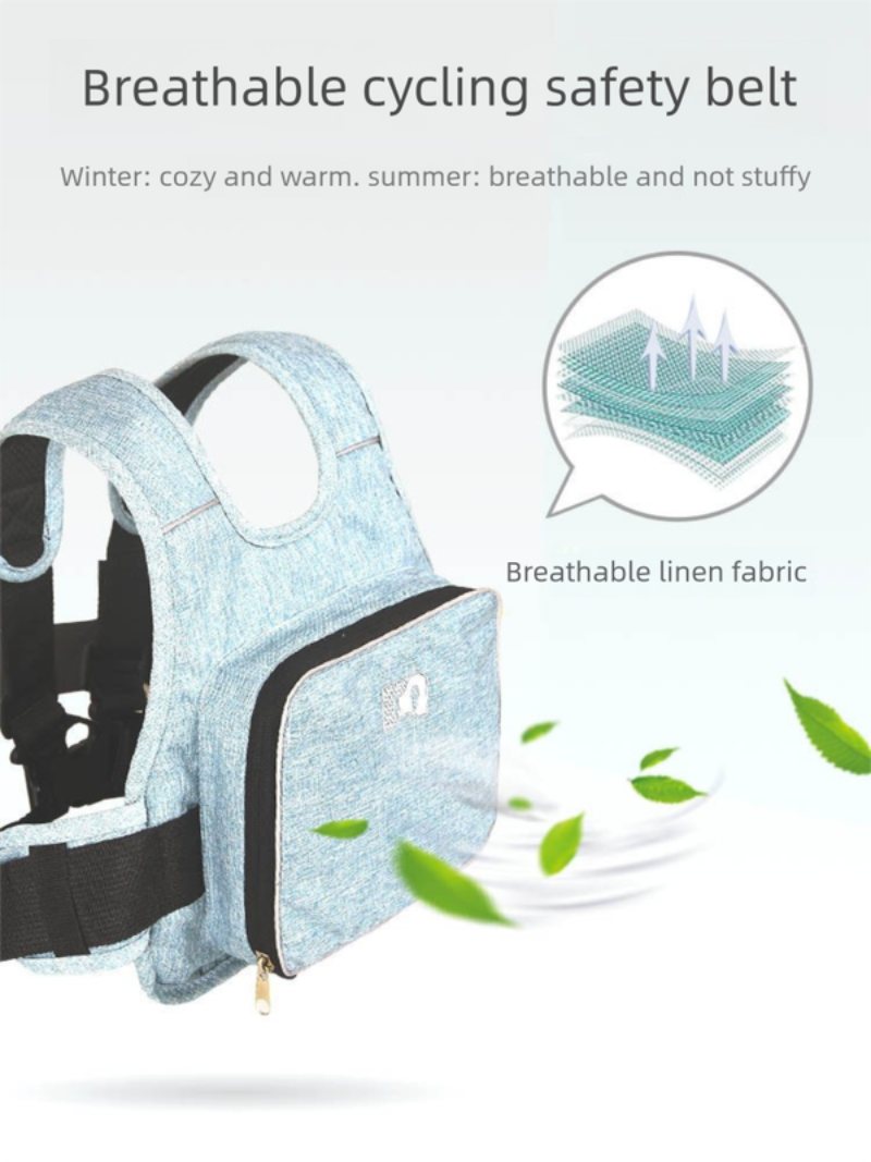 Child Motorcycle Safety Harness Strap Adjustable Passenger Belt With Handles & Storage Pocket Breathable Linen Grey For