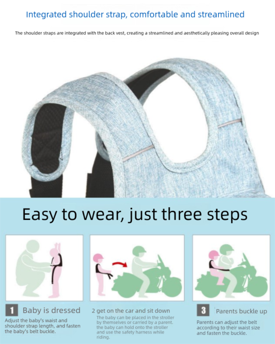 Child Motorcycle Safety Harness Strap Adjustable Passenger Belt With Handles & Storage Pocket Breathable Linen Grey For