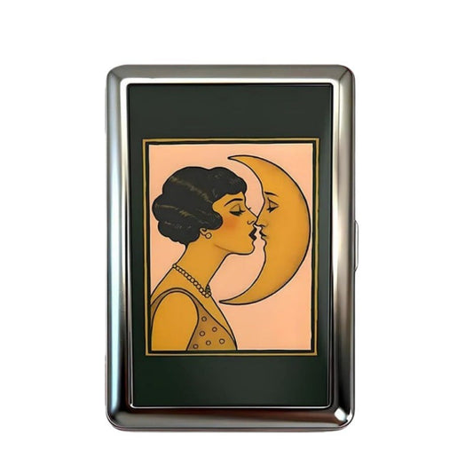 Retro Metal Card Cash & Cigarette Case With Fixed Clip Moon Kiss Artistic Slim Wallet (10.3X6x2cm)