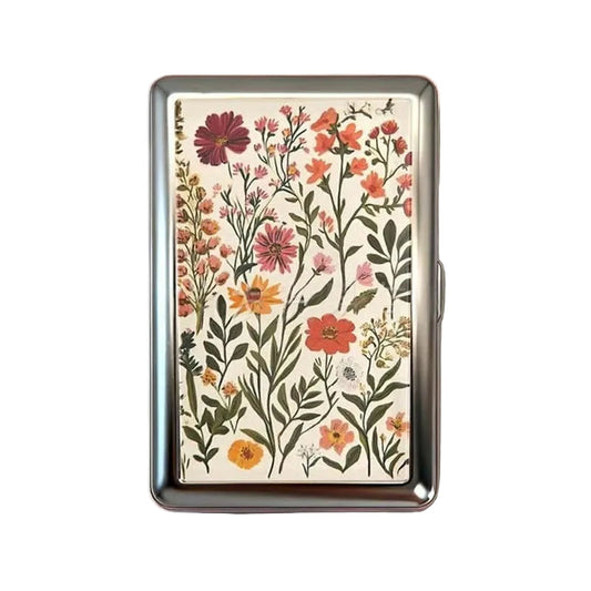 Retro Metal Card Cash & Cigarette Case With Fixed Clip - Flower Artistic Slim Wallet (10.3X6x2cm)