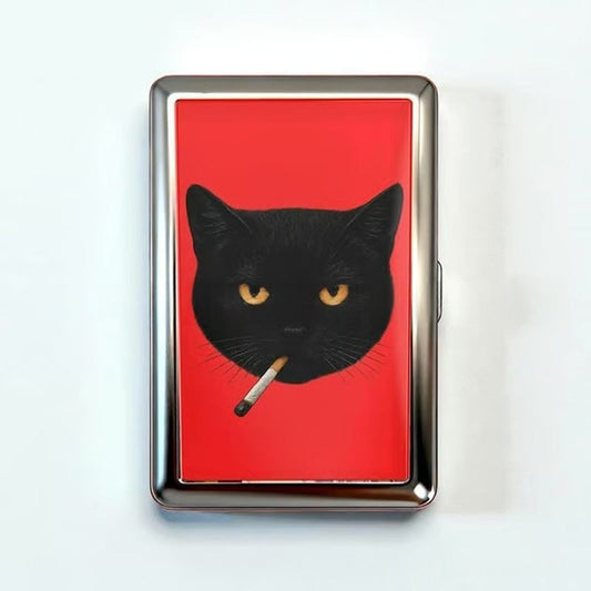 Retro Metal Card Cash & Cigarette Case With Fixed Clip Black Cat Artistic Slim Wallet (10.3X6x2cm)