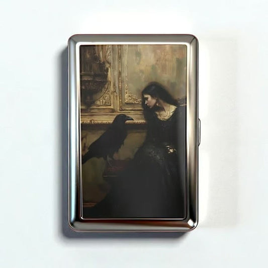 Retro Metal Card Cash & Cigarette Case With Fixed Clip Crow Artistic Slim Wallet (10.3X6x2cm)