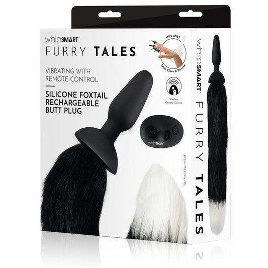 Whipsmart Furry Tales Silicone Foxtail Rechargeable Butt Plug - Black 9.5 Cm Vibrating With Tail & Remote Control