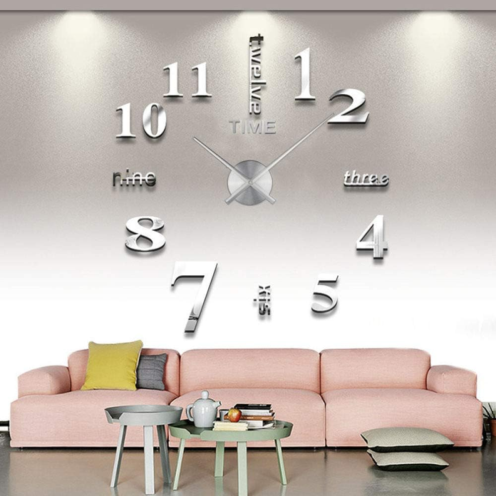 Wall Clock Silver Design 47 Inch 3D Diy Mirror Acrylic Decor