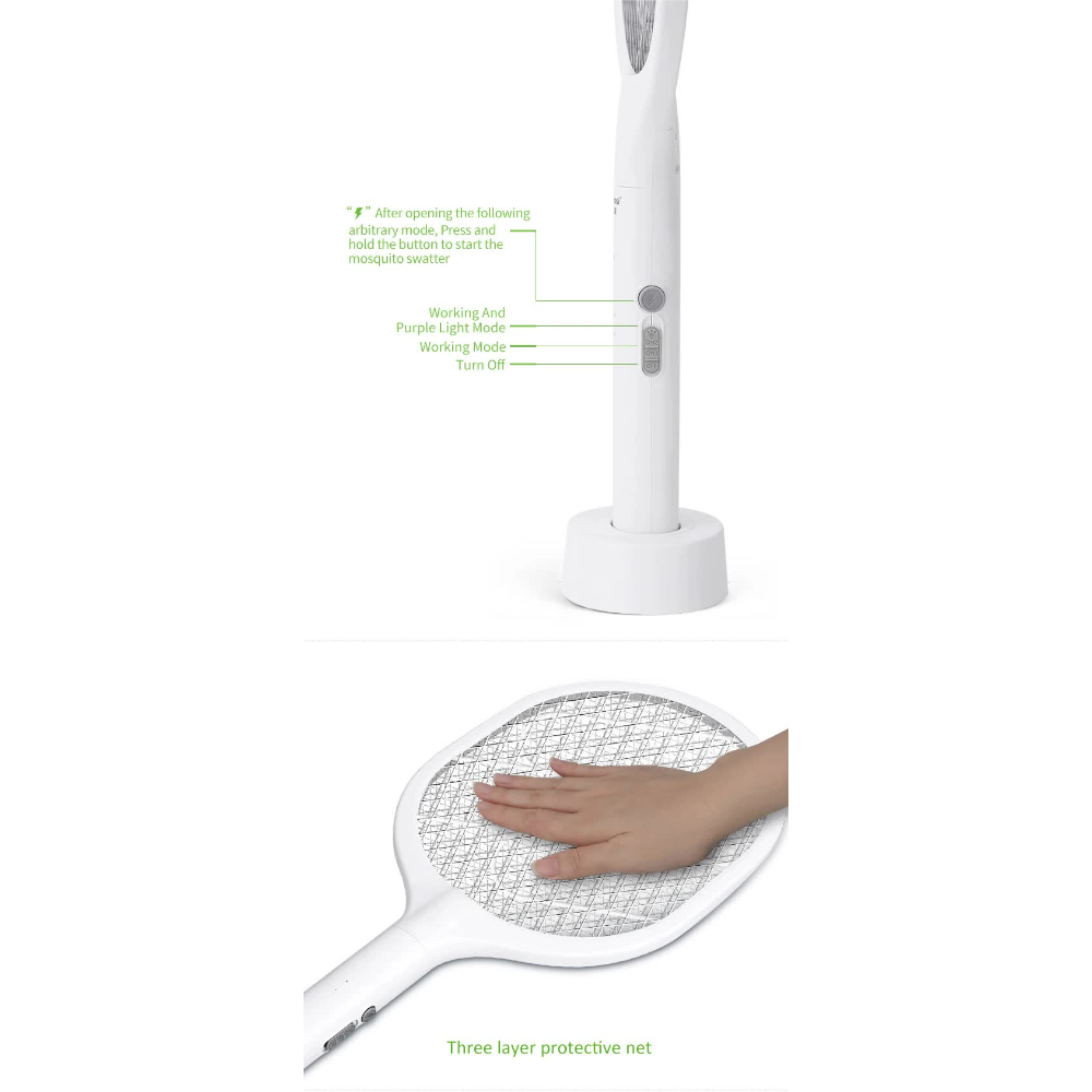 Elosung White Rechargeable Electric Mosquito Racket 2 In 1 Killer With Lithium Battery Fly Swatter & Zapper For Home Use